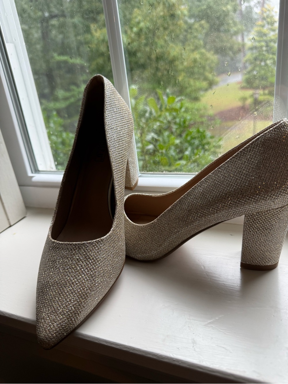 Metallic Champagne Gold Sparkle Block Heel Pumps Wedding Guest -Event Shoes 8.5